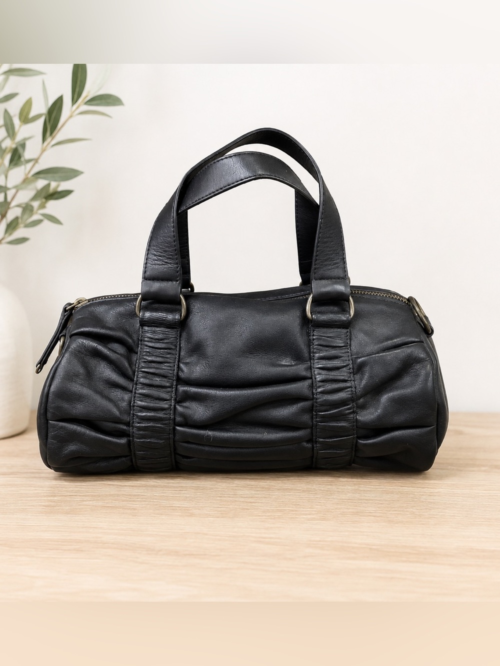 Cynthia Rowley Black Leather Ruched Satchel Handbag Barrel Bag